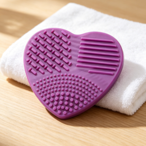 Heart-shaped silicone brush cleaning pad with multi-texture design; tool for cleaning and maintaining makeup brushes