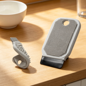 3-in-1 Silicone Dishwashing Sponge: Double-sided scrubbing with built-in scraper; hangable, quick-drying, and reusable; for kitchenware and produce.