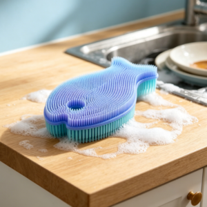 Fish-Shaped Silicone Dish Brush: Flexible bristles for effective grease and dirt removal; ideal for kitchenware.