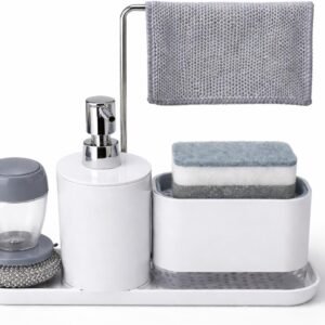 Kitchen sink organizer set; features integrated soap dispenser, sponge/brush holders, and draining tray.