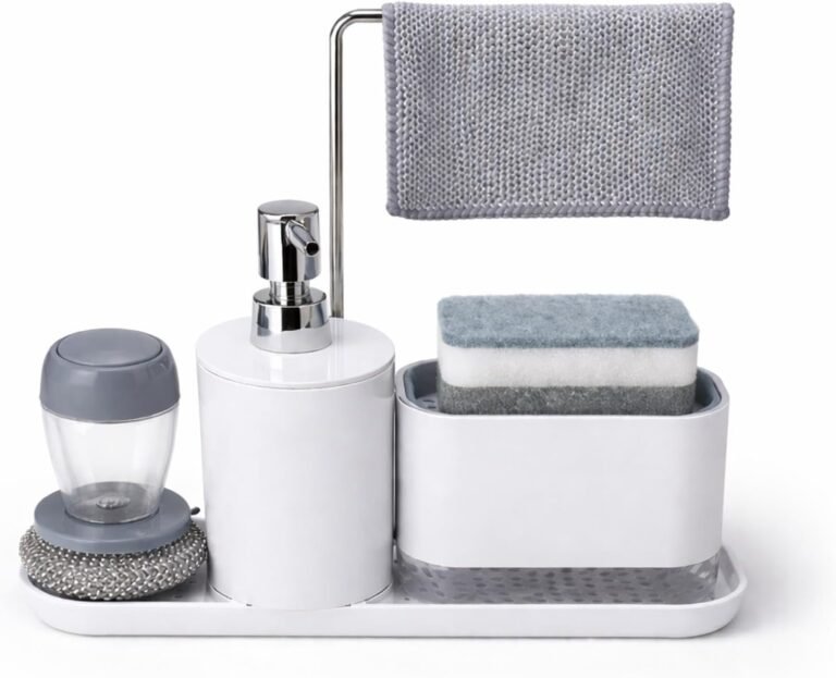 Kitchen sink organizer set; features integrated soap dispenser, sponge/brush holders, and draining tray.