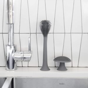 Silicone Bottle Brush & Sponge Combo: Suction cup base; durable and reusable; kitchen cleaning set.