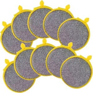 Dual-sided sponge; safe for cookware surfaces; durable round pad for kitchen scrubbing.
