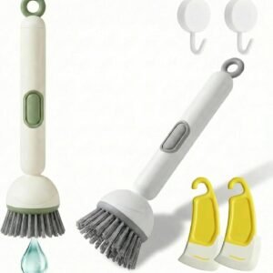 Auto-Dispensing Dish Brush Set: Multi-angle brush head; leak-proof and easy-grip; includes stand and scraper.