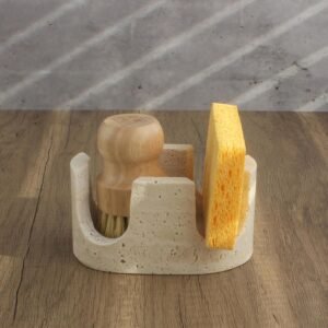Natural stone-style sponge holder; dual-slot draining design; organizer for kitchen sink cleaning supplies.