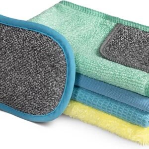Microfiber cleaning cloth set; ideal for windows and kitchen use; streak-free, machine-washable, and reusable.