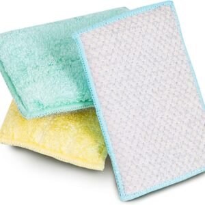 Bamboo fiber sponge; soft and absorbent with a powerful scrubbing layer; tackles stubborn stains.