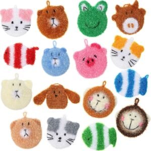 Animal-shaped sponge; dual-layer structure safe for dishes; reusable brush for kitchen and bathroom.